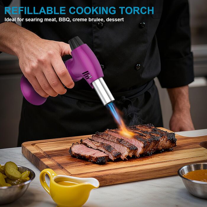 Наповнюваний пальник для крем-брюле, міні-пальник з безпечним затвором та регульованим полум'ям для десертів, BBQ, фіолетово-чорний