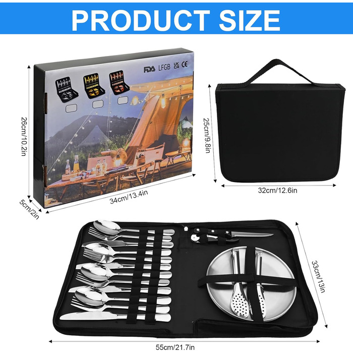 Набір посуду для кемпінгу на 4 особи, 20 предметів: ложки, виделки, ножі, тарілки, кліпси, відкривачка. Набір столових приборів з нержавіючої сталі для пікніків та відпочинку на природі