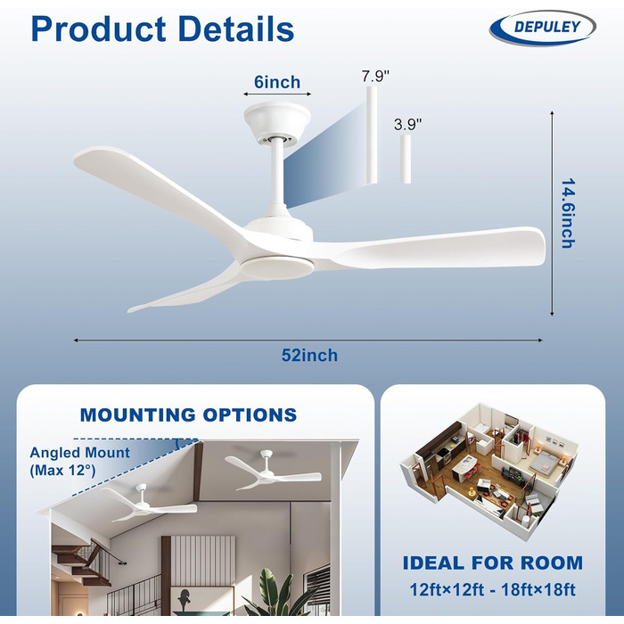 Стеляний вентилятор Depuley Leise з підсвічуванням для вулиці: LED лампа з вентилятором для саду, тераси - 132см, з підсвічуванням та APP для вітальні, ресторану, офісу (Білий, 52'' без підсвічування)