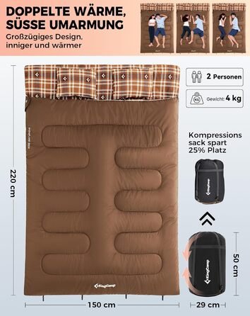 Спальний мішок KingCamp для 2 осіб з фланелі, зимовий, теплий, 3-4 сезони, з 2 подушками, для кемпінгу, подорожей та активного відпочинку на природі