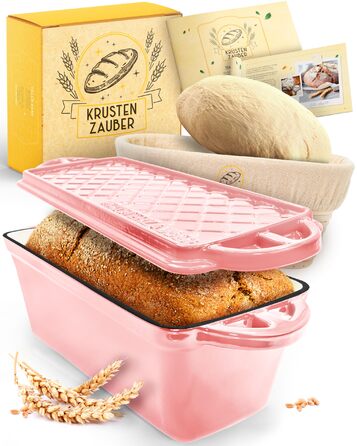 Форма для випічки хліба Krustenzauber емальована з кришкою та кошиком для бродіння, 28 см - Чавунна форма для хліба, кексів, тостів, рожева