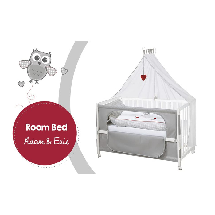 Crib Attachment Bed 60 x 120 cm - Adam & Eule Room Bed - Baby cot to be attached to parent's bed - Includes mattress, bedding, canopy - Mobile & Height adjustable - Wood white / Adam & Eule 126L x 66W x 157H cm