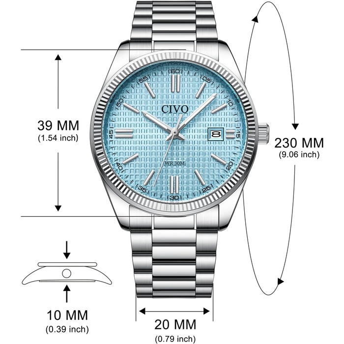 Чоловічий годинник CIVO з нержавіючої сталі: аналоговий годинник для бізнесу з датою, що світиться - водонепроникний для роботи та відпочинку. Стильний подарунок для чоловіків (сріблястий, синій)