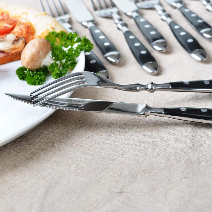 Набір столових приборів GRÄWE для стейку, 12 предметів, на 6 осіб, нержавіюча сталь, полірована, важкі, для посудомийної машини, чорна ручка Нюрнберг