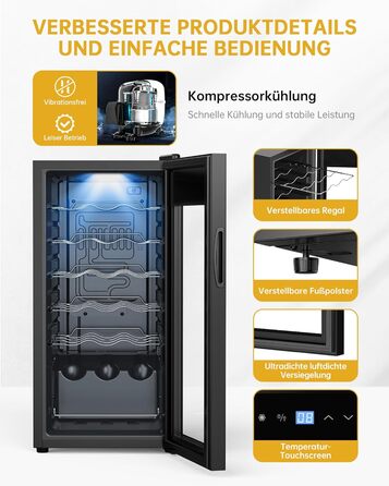WIE 33L 1-Zone Wine Cooler Fridge - Compact Wine Refrigerator with Glass Door, LED Touch Panel, Anti-UV Protection (18 Bottles)