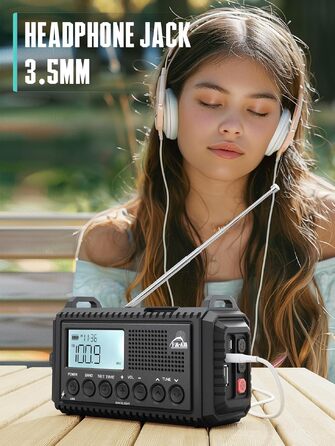 Радіо на механічній ручці з сонячною панеллю та Powerbank 12000mAh | FM/AM/SW радіо для екстрених ситуацій, зарядка USB-C, SOS-сигнал, ліхтарик та лампа для читання | Водонепроникне, портативне радіо для кемпінгу, туризму, чорне