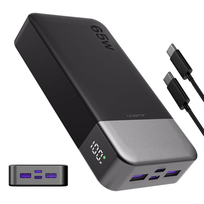 Power Bank JUOVI 65W, 20000mAh, 2 USB-C, 2 USB-A, для ноутбуків та телефонів (MacBook, iPhone, Samsung)