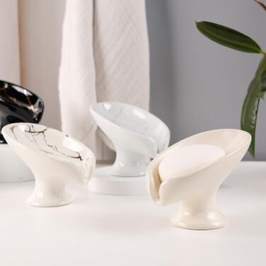 Керамічна мильниця Umlaca з самостійним зливом, безперервна сушка, у формі листка, вінтажний дизайн, підходить для кухні, ванної кімнати, душу, білий мармур (бежево-рожевий)