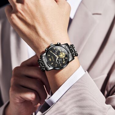 Годинник чоловічий OLEVS з металевим ремінцем, кварцовий, з місячною фазою, хронограф, водонепроникний, чорний (2856)