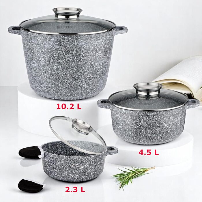 Набір каструль та сковорідок EliteHoff 17 предметів з антипригарним покриттям, сумісний з усіма плитами, нержавіюча сталь, сірий (E-7027)