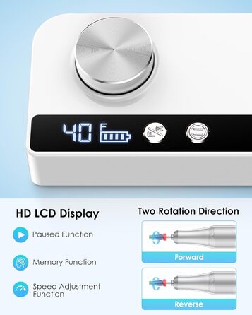 Електричний фрезер для нігтів з LCD дисплеєм, 40000 об/хв, 15 насадок, для манікюру та педикюру, F/R напрямок обертання, для салону та дому (білий)