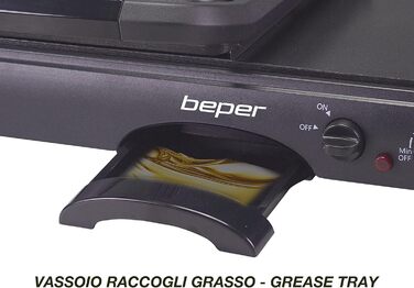 BEPER Electric Grill with Glass Lid - Non-Stick Coated Plate, Stainless Steel, 1600W