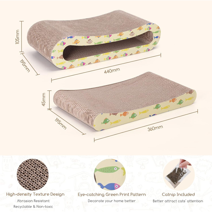 2 x Cat Scratch Board Scratch Cardboard for Cats 2 in 1, Cat Scratcher with Catnip, Recyclable Quality Cardboard Scratch Pad, Scratch Pads Double-Sided Available (1 Piece)