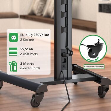 Підставка для телевізора XTRARM Proton 300: регульована висота 191 см, USB-порти, розетки, підтримка 32-75 дюймів, 40 кг, алюміній, скло, чорний колір