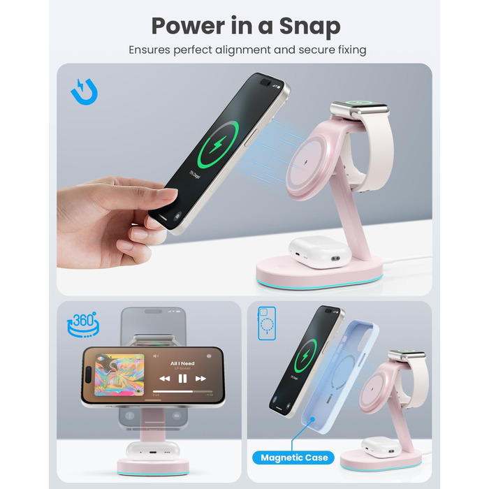 Бездротова зарядка 3-в-1 з MagSafe, USB-C, для iPhone 16/15/14/13/12, Apple Watch та AirPods, з нічним світлом (Рожева)
