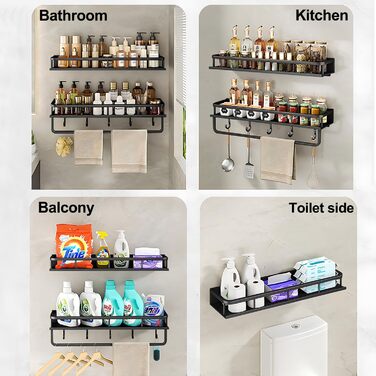 Поличка для душу Devesanter без свердління, 2 шт., 60 см, органайзер для шампуню та мила з тримачем для рушників та 6 гачками, для ванної кімнати, спальні, кухні, чорний