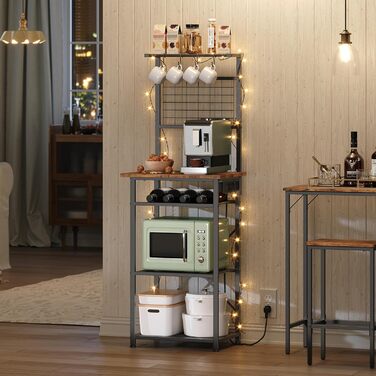 Стельова полиця з розетками, підлогова полиця, полиця пекаря, 35 x 48 x 135 см, 4 гачки S-подібної форми, станція для кавової бару з тримачем для пляшок та гачками, вінтажний коричневий та чорний колір ABRHR23UE01