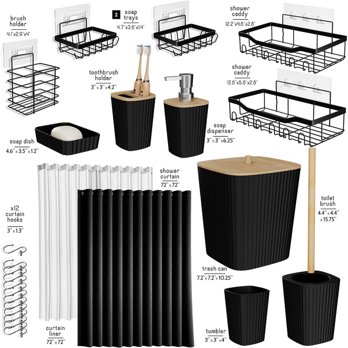 Набір аксесуарів для ванної кімнати 25 предметів: душова полиця, органайзер, зелений душовий завіс, щітка для унітазу, відро, дозатор мила (Чорний)