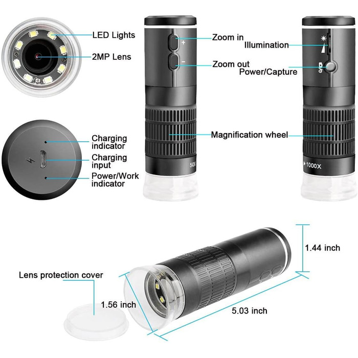 Цифровий мікроскоп Jiusion WiFi USB з HD роздільною здатністю, 50-1000x, бездротова підсвітка, ендоскоп, 8 LED, мінікамера зі штативом, сумка, сумісний з iOS, Android, Windows, Mac