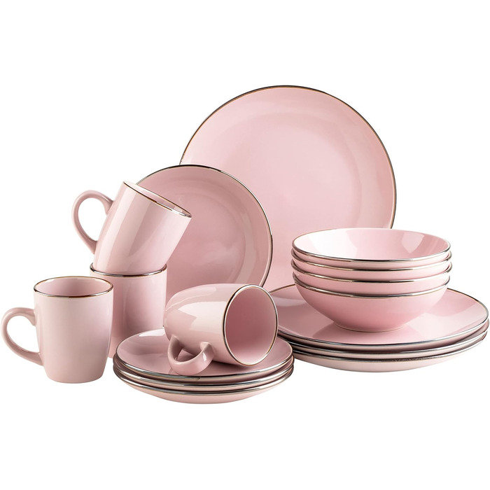 Сучасний сервіз для 4 осіб з мідним бордюром (16 предметів, Рожевий)