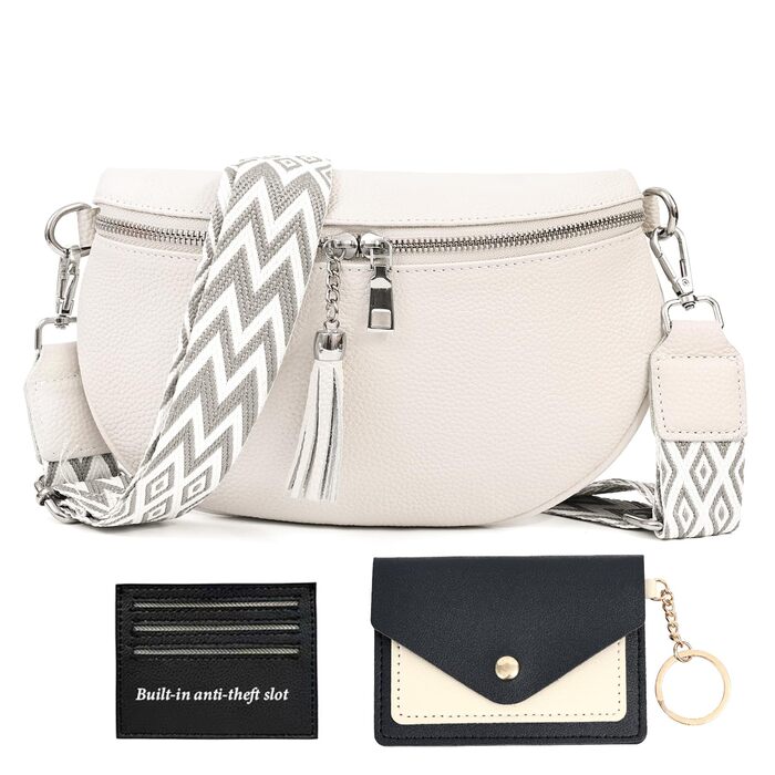 Жіноча сумка через плече з широким ремінцем, бананка з натуральної шкіри, стильна з багатьма відділеннями для карток, кросбоді, гаманець жіночий (білий)
