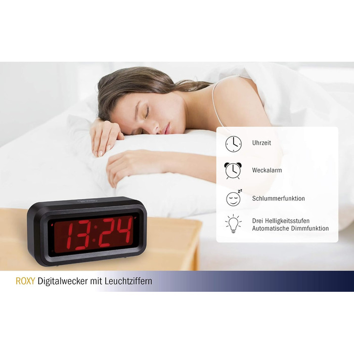 TFA Dostmann ROXY Digital Alarm Clock/Digital Clock/Table Clock, 60.2024.10, with Snooze Function, with Alarm Function, energy-saving LED technology, anthracite, L 130 x W 41 x H 65 mm