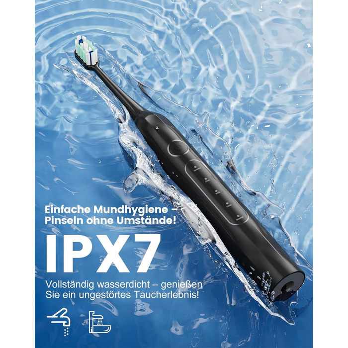 Електрична зубна щітка звукова 5 режимів, таймер 30с, відбілює зуби за 2 тижні, 8 змінних насадок, IPX7, чорний