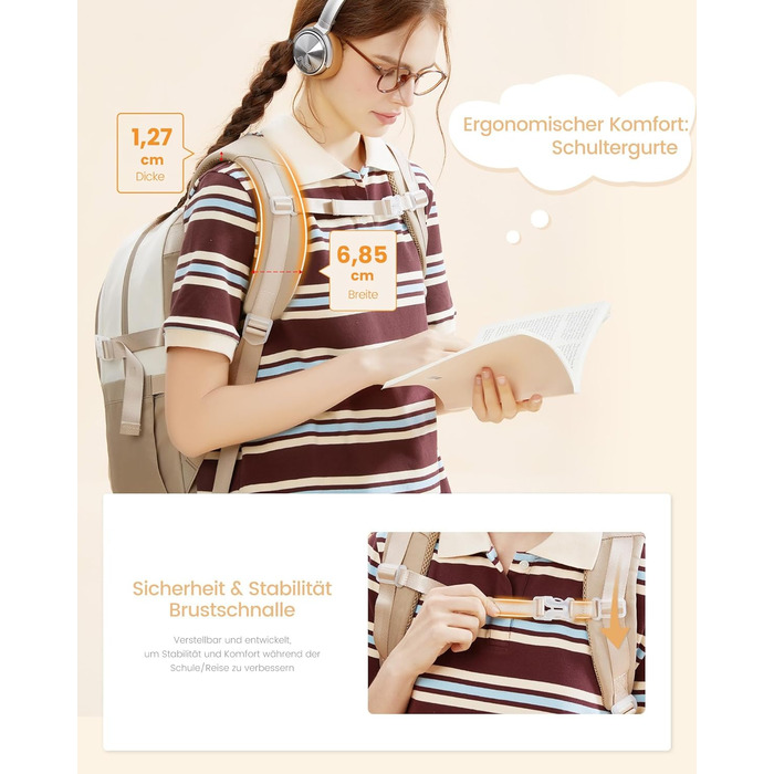 Шкільний рюкзак LOVEVOOK для дівчаток-підлітків, 15.6 дюймів, з відділенням для ноутбука, легкий, з помпоном, для школи, середньої школи, світло-жовтогарячий (15.6 дюймів, Y-бежевий світло-фіолетовий)