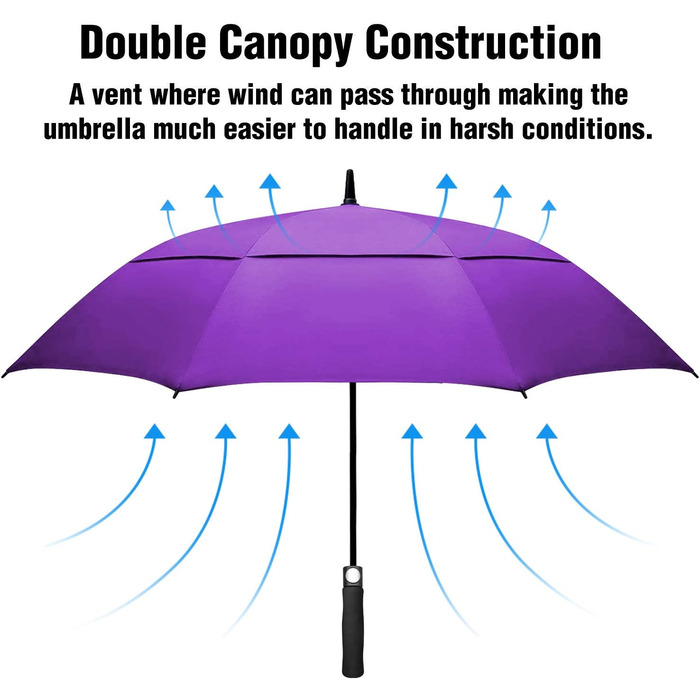 Стійкий до вітру парасолька-тростина XL/XXL з автоматичним відкриванням та подвійним вентиляційним отвором - високоякісний парасолька для жінок та чоловіків, ідеально підходить як парасолька для гольфу (фіолетовий, 68 дюймів/172 см)