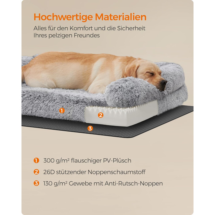 Ліжко для собак Feandrea FluffyHug, XXL, 122 x 85 x 19 см, сірий ошатний, м'яке, знімний чохол, матеріал - ноппенштампфоам