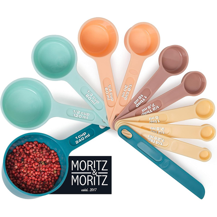 Набір мірних ложок Moritz & Moritz 11-TLG: 1/4 ч.л. - 1 склянка, для приготування та випікання з дітьми (кольоровий)
