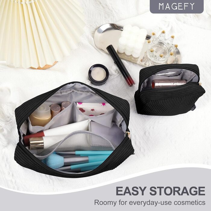 Косметичка MAGEFY для макіяжу: 2 шт. (бежева + чорна), з відділеннями, для подорожей, з корду, для жінок