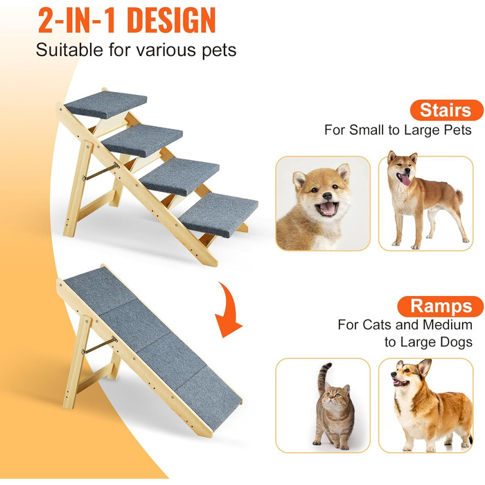 Дерев'яна сходинка для домашніх тварин VEVOR, 2-в-1, складана, для собак та котів, 4 сходинки, до 68 кг