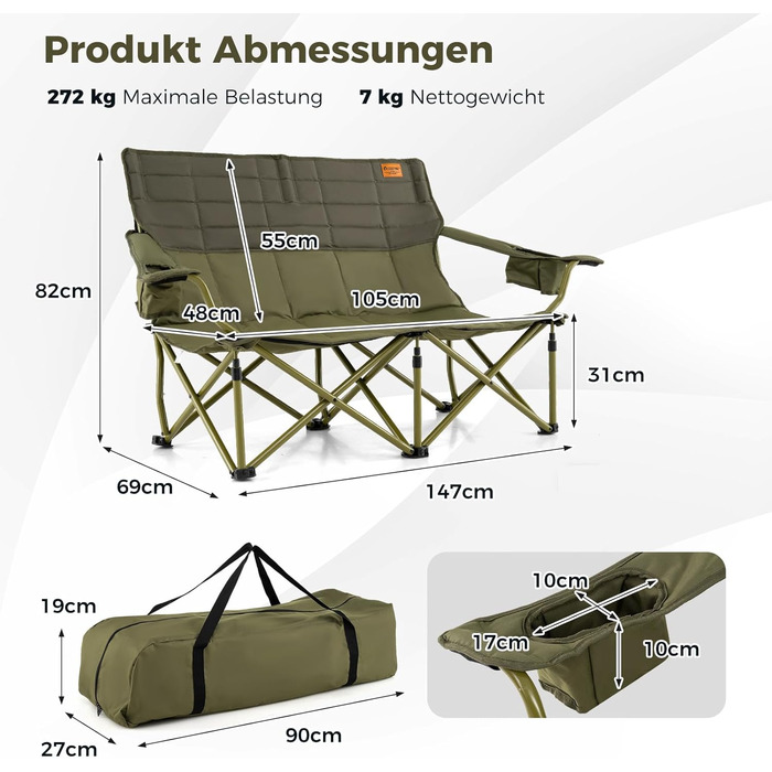 Крісло для кемпінгу на 2 особи Costway, розкладне, з регульованими підлокітниками, тримачами для напоїв та сумкою, вантажопідйомність 272 кг, для відпочинку, риболовлі, пікніків (зелене)