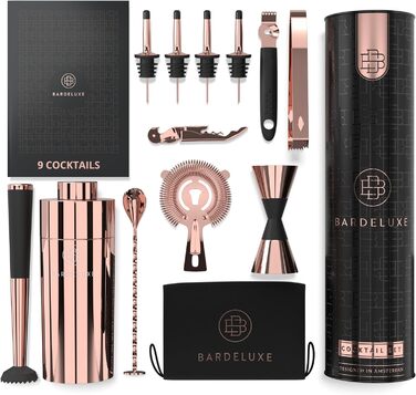 Набір для коктейлів BarDeluxe® 12 предметів: шейкер, міксер, аксесуари | 750 мл, нержавіюча сталь, рожеве золото | Преміум подарунковий набір для барменів