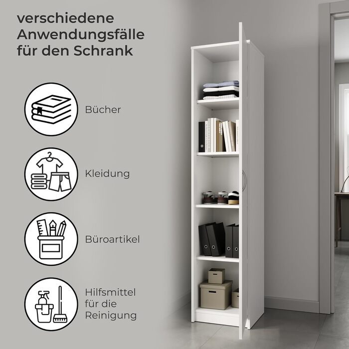 Bookshelf Wardrobe Shelf White 40cm wide 180cm high Storage Cabinet Organizer Multi-Purpose Cabinet with 4 Adjustable Shelves Filing Cabinet Shelf Wall narrow Wood for Bedroom Hallway Basement Office
