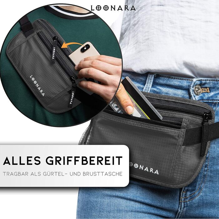 Чоловіча/жіноча поясна сумка на пояс з RFID захистом (водостійка) - поясний ремінь для безпеки в подорожах. Підходить для спорту, бігу та подорожей (сіра)