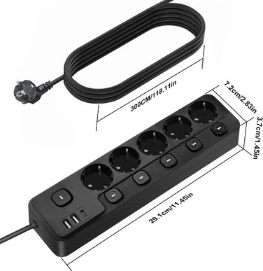 Мережевий фільтр 5-портовий з USB-A та USB-C, з індивідуальним вимикачем, захист від перенапруги, для дому та офісу (3M)