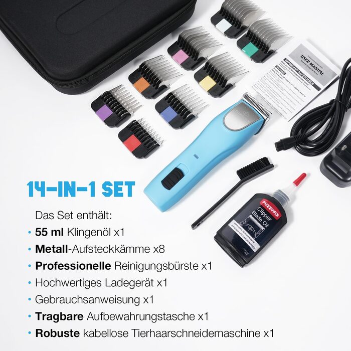 Професійна машинка для стрижки собак, 2 швидкості, ергономічний дизайн, для собак та котів, стрижка густого, довгого та кучерявого хутра, світло-блакитна