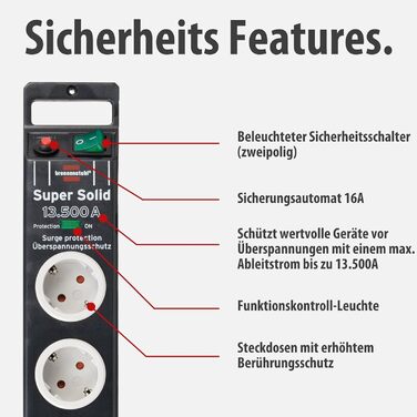 Бренненштуль Super-Solid Розподільник розеток 5-fach з вимикачем та 2,5м кабелем, ударостійкий полікарбонат, чорний