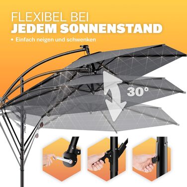 Kingsleeve® Canopy Umbrella LED Lighting UV Protection 80+ Solar Stand Protective Cover 300cm Large Crank Balcony Terrace Garden Umbrella Parasol Anthracite