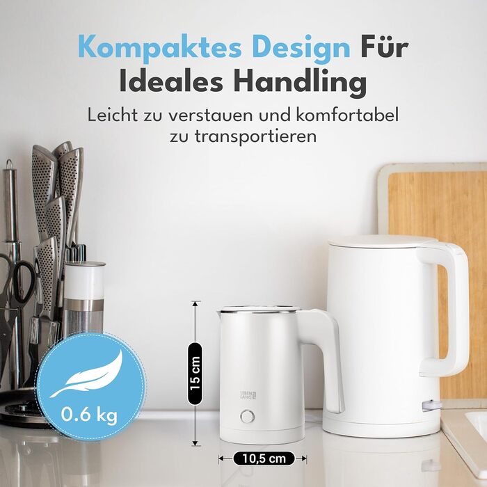 Електричний чайник для подорожей LEBENLANG з нержавіючої сталі, 500 мл, без BPA, 600W, білий, для кемпінгу та подорожей