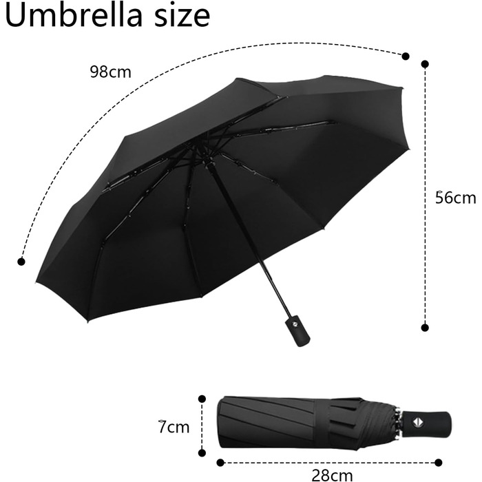 Чорний автоматичний парасолька-тростина з 8 спиць, стійкий до вітру, з UV захистом, легкий та міцний