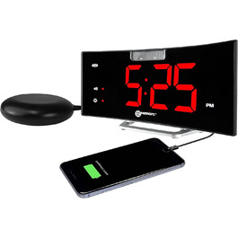 Alarm clock with a powerful 95dB alarm, vibrating pad, large display, and strobe light - The Geemarc Wake 'N' Shake Curve will wake you from deep sleep - USB charging port - Version DE