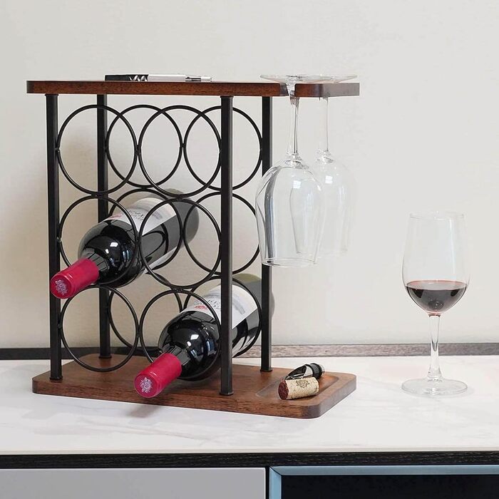 Wine rack with glass holders, tabletop wine holder with tray, freestanding wooden wine rack, perfect for home decor & kitchen storage rack, etc. (holds 6 bottles and 2 glasses)