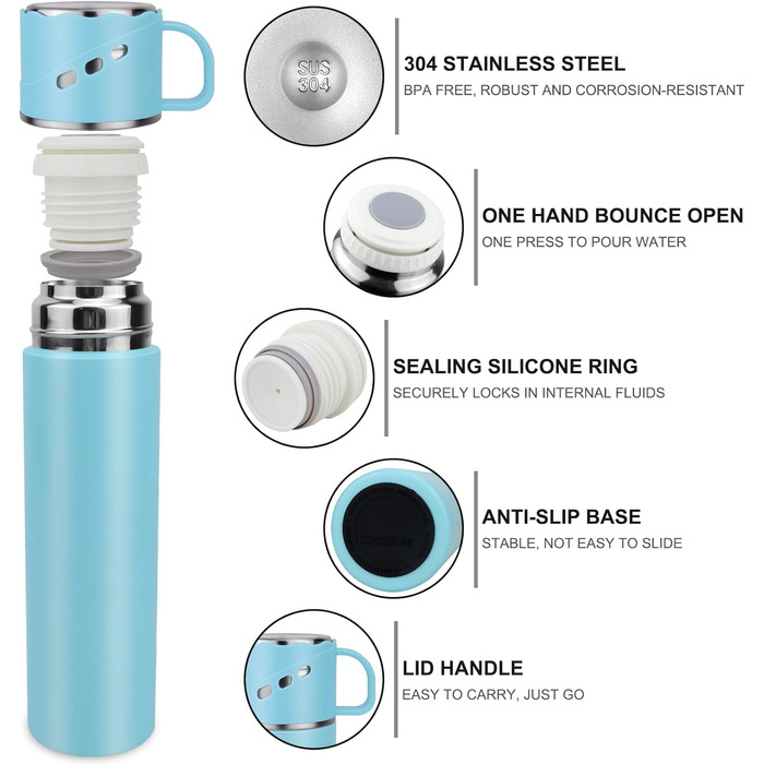 Термос з нержавіючої сталі 550 мл - термос-пляшка без протікань з чашкою та ручкою, вакуумний термокухоль 12 год гаряче / 12 год холодне, неслизький келих для кави в дорозі для спорту, роботи, школи, авто (Блакитний)