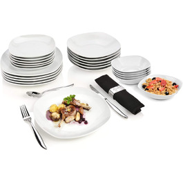 SÄNGER | White Bilgola Tableware Set, 24-Piece Porcelain Dinnerware Set for 6 People, Square Plate Set, Dinner Plates | PREMIUM COLLECTION Tableware Set 24 pcs