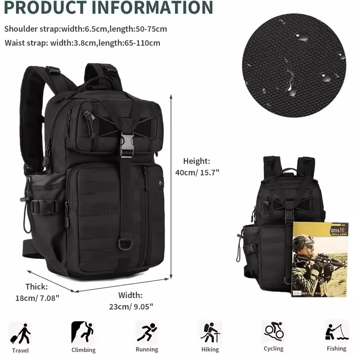 HUNTVP Military Backpack 30L Hiking Backpack 30L German Federal Armed Forces (Bundeswehr) Backpack Tactical Backpack Waterproof Daypack Molle Daypack for Men Women Sport Travel Outdoor Camping Hiking (25 L, Black)