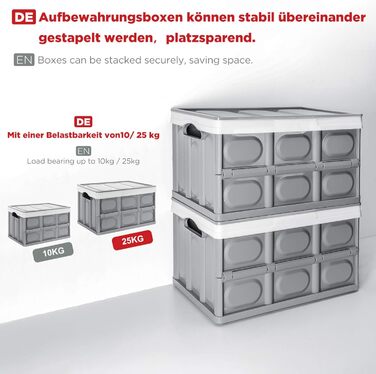 Yorbay 2-Piece Set 55L Professional Folding Box Transport Box with Lid, Foldable Storage Box with Handle, Stackable Boxes Storage Box Folding Boxes Stackable Boxes for Storage and Transport, PP, Grey (55L)