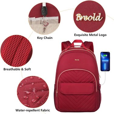 Жіночий рюкзак для ноутбука 17.3 дюйма, шкільний рюкзак для дівчат-підлітків, для навчання, роботи та офісу, для студентів та вчителів, колір: винний